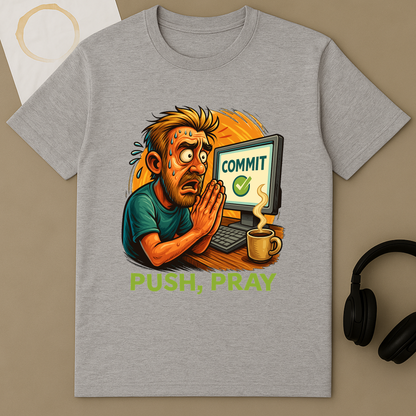 Commit, Push, Pray – Developer T-Shirt – additional product view 2
